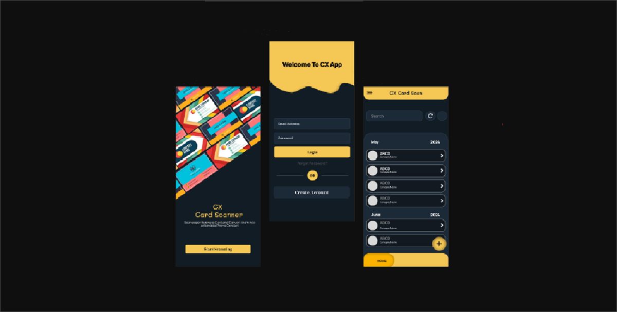 CX Card Scanner app screens